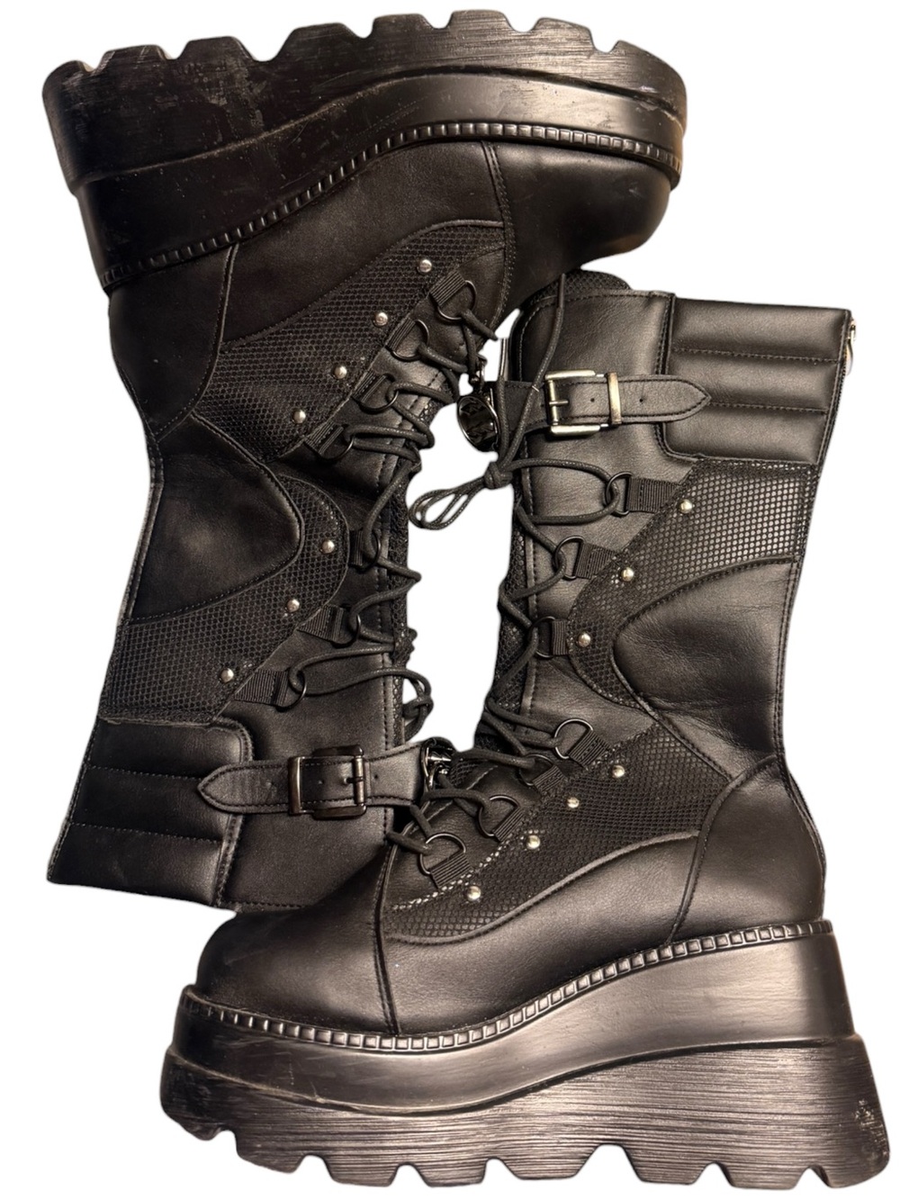 Women’s Black Platform Combat Boots Lace Up Buckle Zip Mid Calf Size 8.5